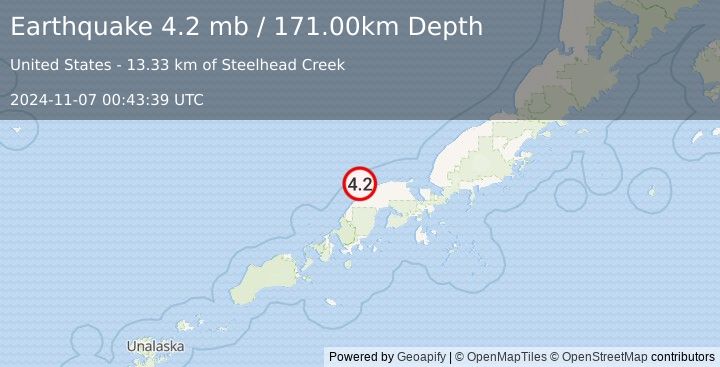 Earthquake ALASKA PENINSULA (4.2 mb) (2024-11-07 00:43:39 UTC)