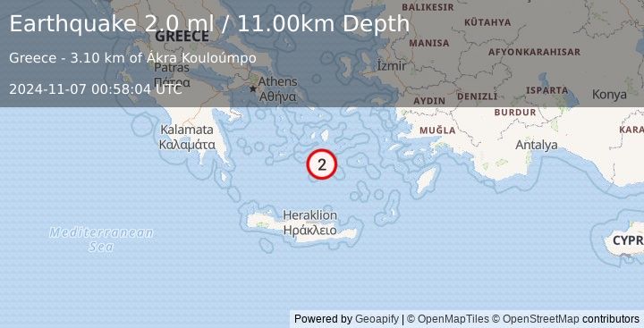 Earthquake DODECANESE ISLANDS, GREECE (2.0 ml) (2024-11-07 00:58:04 UTC)