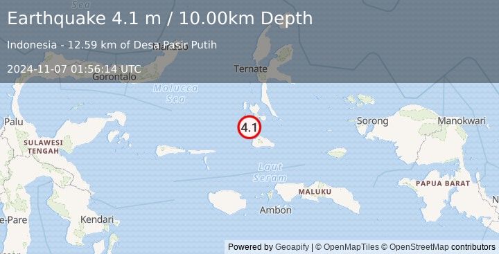 Earthquake KEPULAUAN OBI, INDONESIA (4.1 m) (2024-11-07 01:56:14 UTC)