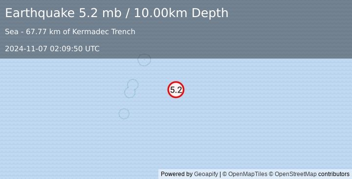 Earthquake KERMADEC ISLANDS REGION (5.2 mb) (2024-11-07 02:09:50 UTC)