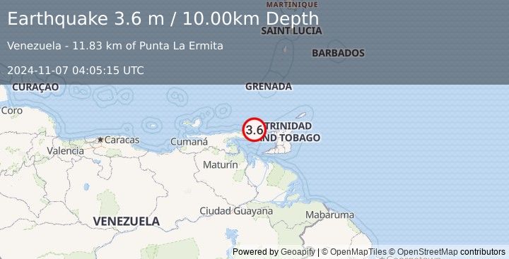 Earthquake OFFSHORE SUCRE, VENEZUELA (3.6 m) (2024-11-07 04:05:15 UTC)