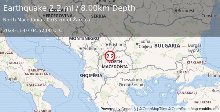 Earthquake KOSOVO-SERBIA-N MAC. BORDER REG. (2.2 ml) (2024-11-07 04:52:00 UTC)