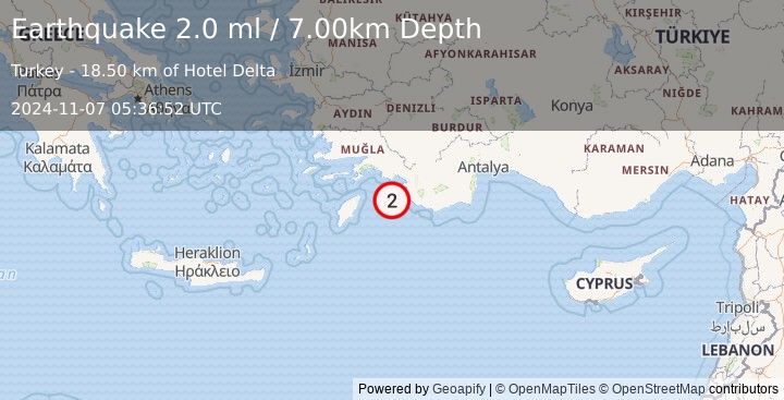 Earthquake DODECANESE IS.-TURKEY BORDER REG (2.0 ml) (2024-11-07 05:36:52 UTC)