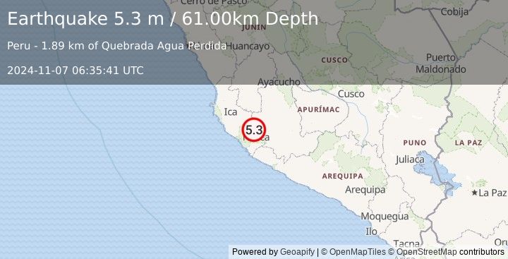 Earthquake NEAR COAST OF CENTRAL PERU (5.3 m) (2024-11-07 06:35:41 UTC)