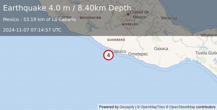 Earthquake OFFSHORE GUERRERO, MEXICO (4.0 m) (2024-11-07 07:14:57 UTC)