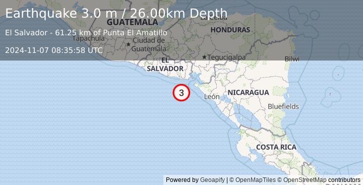 Earthquake OFFSHORE EL SALVADOR (3.0 m) (2024-11-07 08:35:58 UTC)