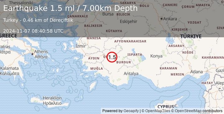 Earthquake WESTERN TURKEY (1.5 ml) (2024-11-07 08:40:58 UTC)