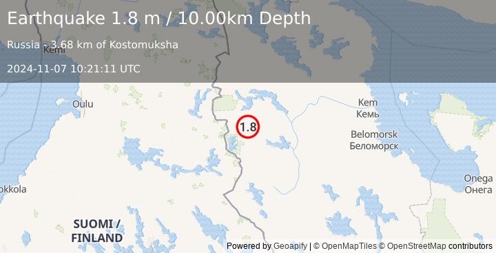 Earthquake FINLAND-RUSSIA BORDER REGION (1.8 m) (2024-11-07 10:21:11 UTC)