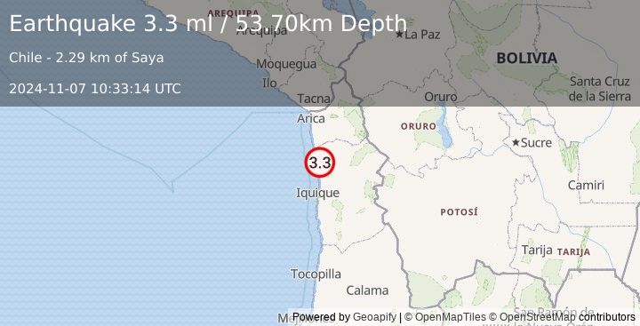 Earthquake TARAPACA, CHILE (3.3 ml) (2024-11-07 10:33:14 UTC)