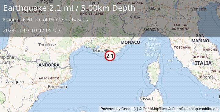 Earthquake NEAR SOUTH COAST OF FRANCE (2.1 ml) (2024-11-07 10:42:05 UTC)