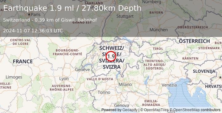 Earthquake SWITZERLAND (1.9 ml) (2024-11-07 12:36:03 UTC)