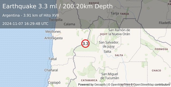 Earthquake SALTA, ARGENTINA (3.3 ml) (2024-11-07 16:29:48 UTC)