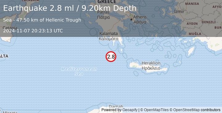 Earthquake CENTRAL MEDITERRANEAN SEA (2.8 ml) (2024-11-07 20:23:13 UTC)