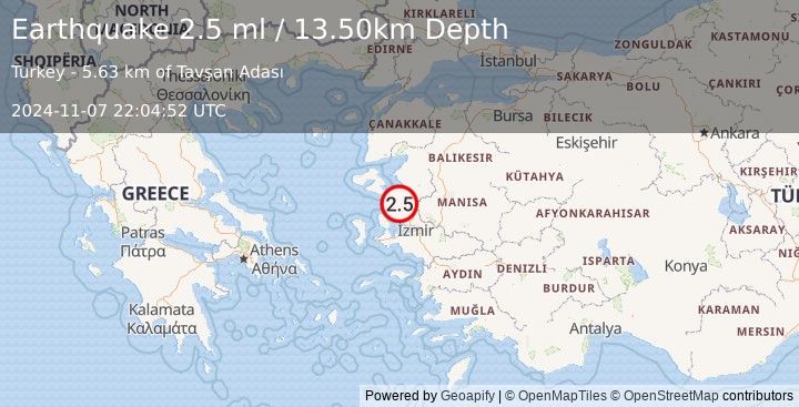 Earthquake NEAR THE COAST OF WESTERN TURKEY (2.5 ml) (2024-11-07 22:04:52 UTC)