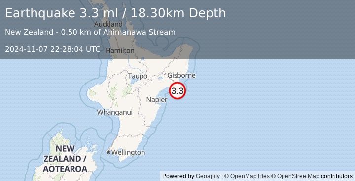 Earthquake OFF E. COAST OF N. ISLAND, N.Z. (3.3 ml) (2024-11-07 22:28:04 UTC)