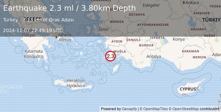 Earthquake DODECANESE IS.-TURKEY BORDER REG (2.3 ml) (2024-11-07 22:49:19 UTC)