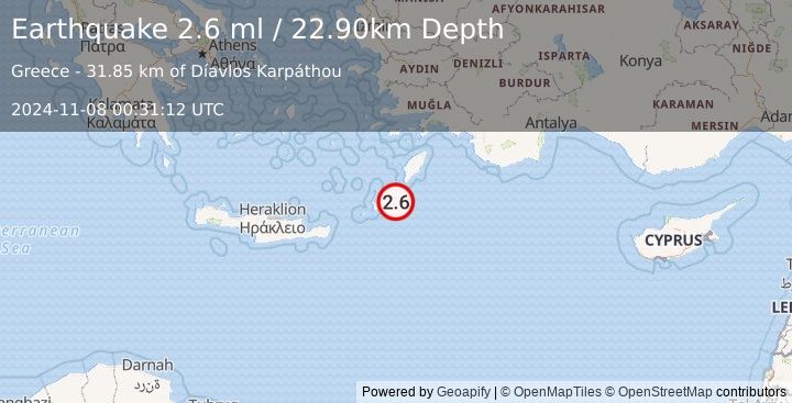 Earthquake DODECANESE ISLANDS, GREECE (2.6 ml) (2024-11-08 00:31:12 UTC)