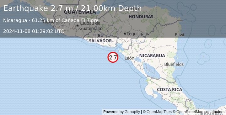 Earthquake NEAR COAST OF NICARAGUA (2.7 m) (2024-11-08 01:29:02 UTC)