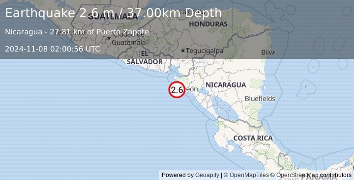 Earthquake NEAR COAST OF NICARAGUA (2.6 m) (2024-11-08 02:00:56 UTC)