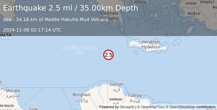 Earthquake CENTRAL MEDITERRANEAN SEA (2.5 ml) (2024-11-08 02:17:14 UTC)