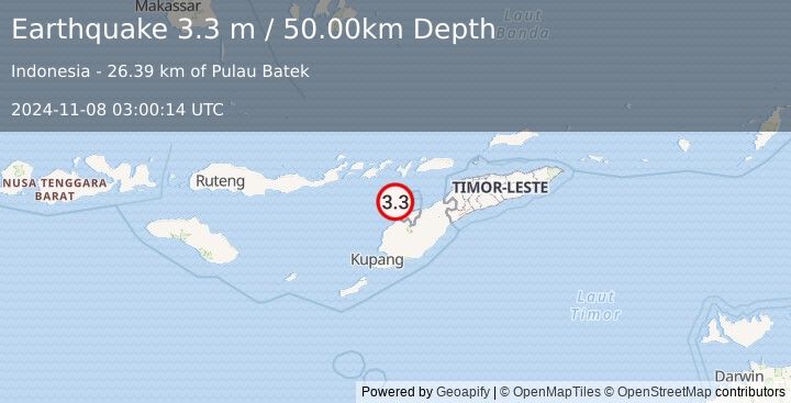 Earthquake TIMOR REGION, INDONESIA (3.3 m) (2024-11-08 03:00:14 UTC)