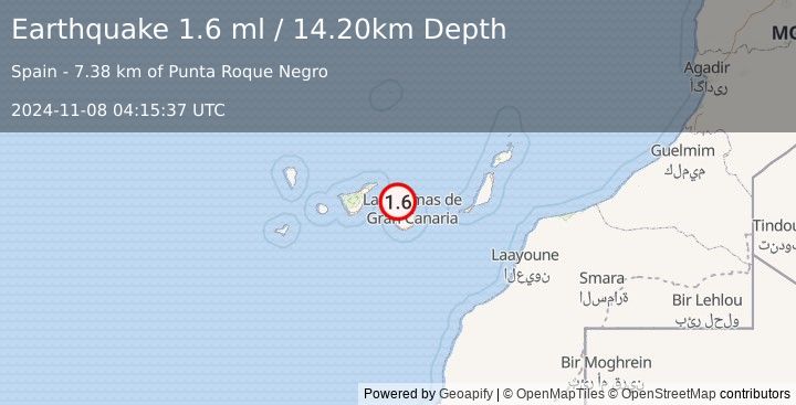 Earthquake CANARY ISLANDS, SPAIN REGION (1.6 ml) (2024-11-08 04:15:37 UTC)