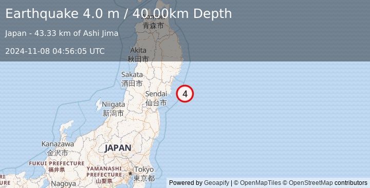 Earthquake NEAR EAST COAST OF HONSHU, JAPAN (4.0 m) (2024-11-08 04:56:05 UTC)