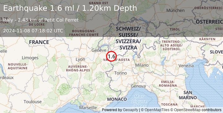 Earthquake NORTHERN ITALY (1.6 ml) (2024-11-08 07:18:02 UTC)