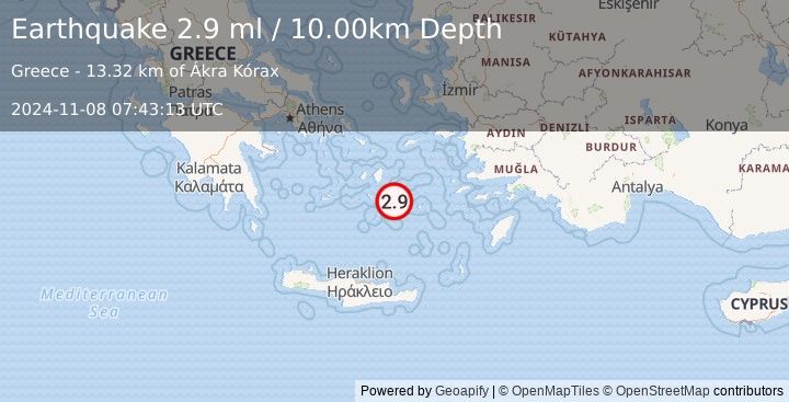 Earthquake DODECANESE ISLANDS, GREECE (2.9 ml) (2024-11-08 07:43:13 UTC)