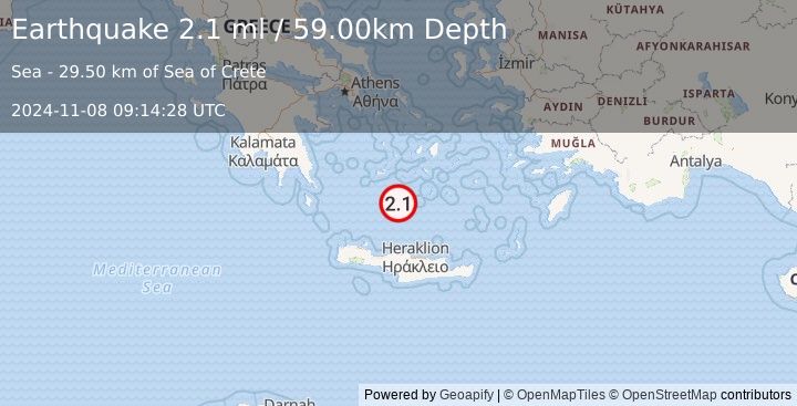 Earthquake SOUTHERN GREECE (2.1 ml) (2024-11-08 09:14:28 UTC)