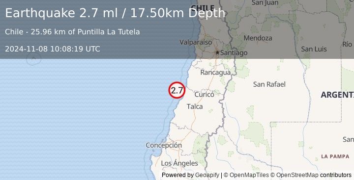 Earthquake OFFSHORE MAULE, CHILE (2.7 ml) (2024-11-08 10:08:19 UTC)