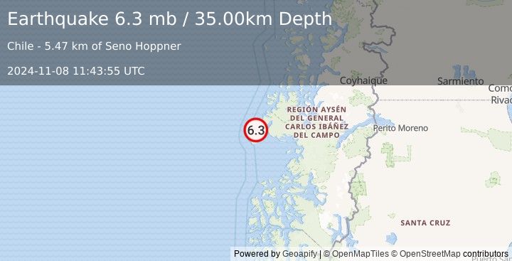 Earthquake NEAR COAST OF AISEN, CHILE (6.3 mb) (2024-11-08 11:43:55 UTC)