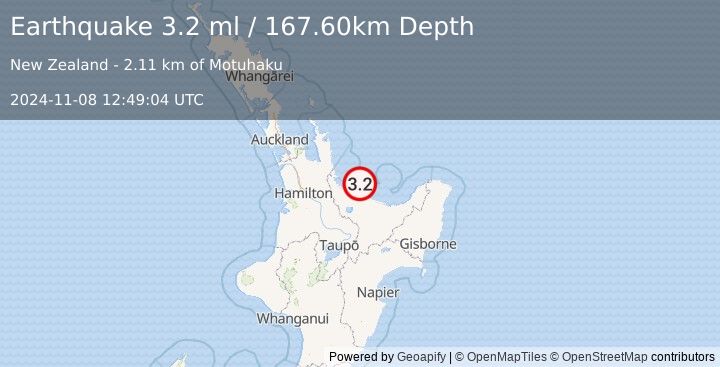 Earthquake NORTH ISLAND OF NEW ZEALAND (3.2 ml) (2024-11-08 12:49:04 UTC)