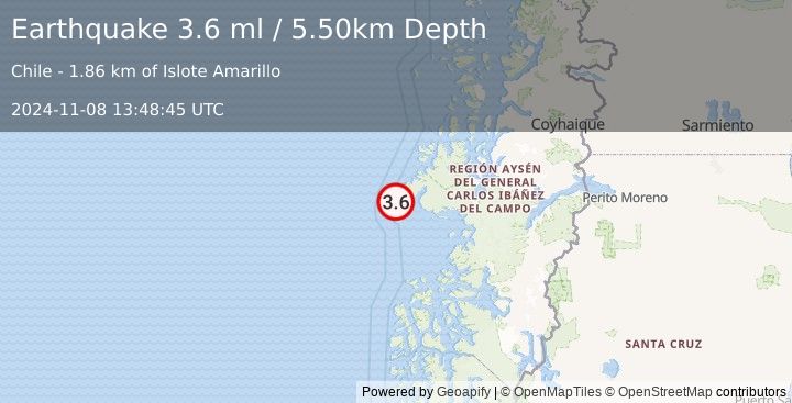 Earthquake NEAR COAST OF AISEN, CHILE (3.6 ml) (2024-11-08 13:48:45 UTC)