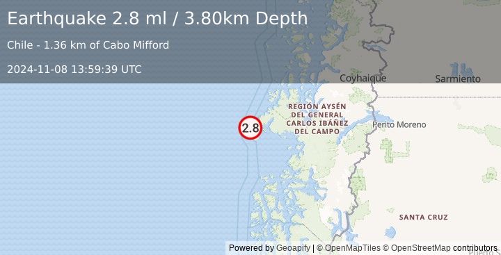 Earthquake NEAR COAST OF AISEN, CHILE (2.8 ml) (2024-11-08 13:59:39 UTC)