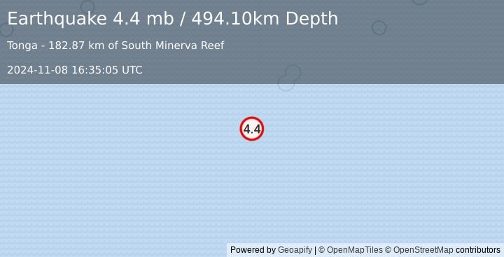 Earthquake SOUTH OF FIJI ISLANDS (4.4 mb) (2024-11-08 16:35:05 UTC)