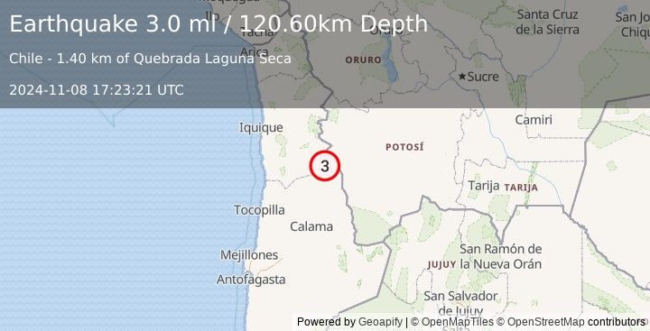 Earthquake ANTOFAGASTA, CHILE (3.0 ml) (2024-11-08 17:23:21 UTC)