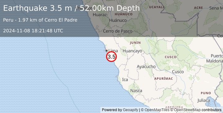 Earthquake NEAR COAST OF CENTRAL PERU (3.5 m) (2024-11-08 18:21:48 UTC)