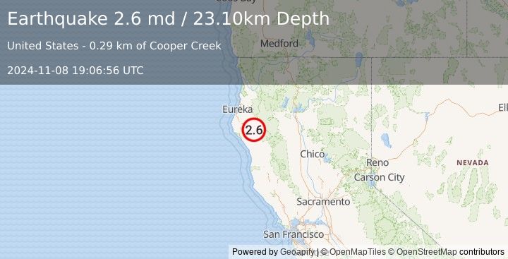 Earthquake NORTHERN CALIFORNIA (2.6 md) (2024-11-08 19:06:56 UTC)