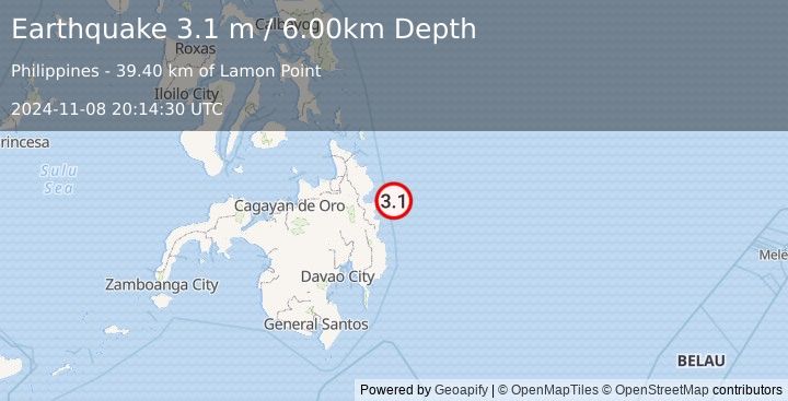 Earthquake MINDANAO, PHILIPPINES (3.1 m) (2024-11-08 20:14:30 UTC)