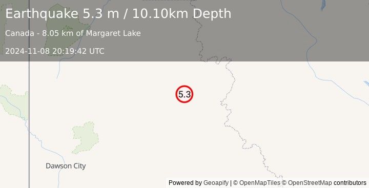 Earthquake NORTHERN YUKON TERRITORY, CANADA (5.3 m) (2024-11-08 20:19:42 UTC)