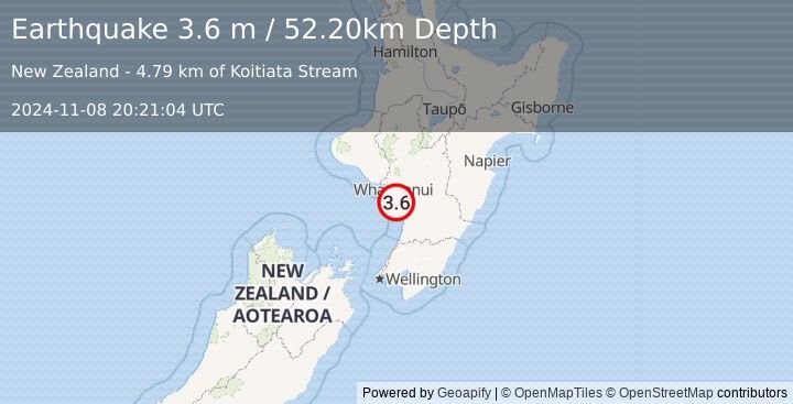 Earthquake NORTH ISLAND OF NEW ZEALAND (3.6 m) (2024-11-08 20:21:04 UTC)