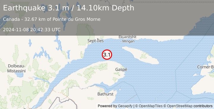 Earthquake GASPE PENINSULA, CANADA (3.1 m) (2024-11-08 20:42:33 UTC)