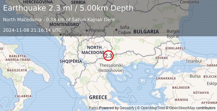 Earthquake REPUBLIC OF NORTH MACEDONIA (2.3 ml) (2024-11-08 21:16:14 UTC)