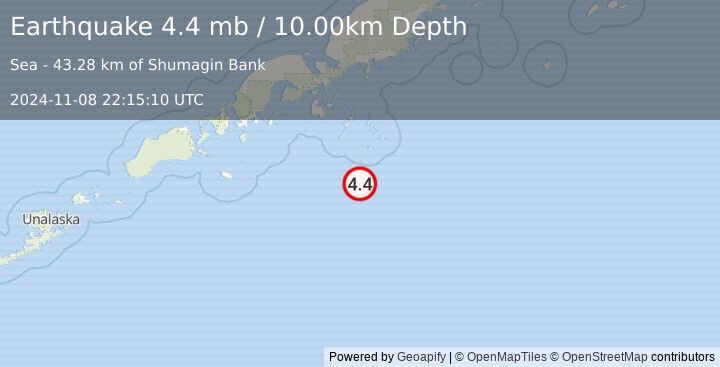 Earthquake SOUTH OF ALASKA (4.4 mb) (2024-11-08 22:15:10 UTC)