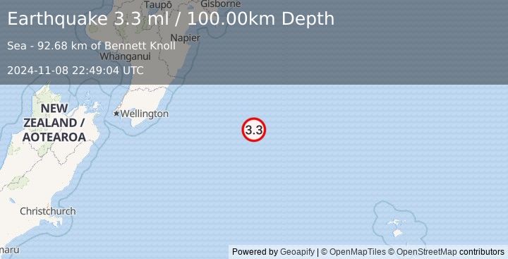 Earthquake OFF E. COAST OF N. ISLAND, N.Z. (3.3 ml) (2024-11-08 22:49:04 UTC)