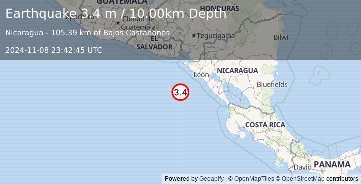 Earthquake NEAR COAST OF NICARAGUA (3.4 m) (2024-11-08 23:42:45 UTC)