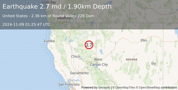 Earthquake NORTHERN CALIFORNIA (2.7 md) (2024-11-09 01:25:47 UTC)