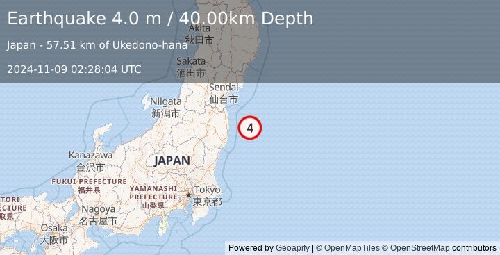 Earthquake NEAR EAST COAST OF HONSHU, JAPAN (4.0 m) (2024-11-09 02:28:04 UTC)