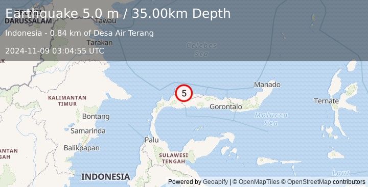 Earthquake MINAHASA, SULAWESI, INDONESIA (5.0 m) (2024-11-09 03:04:55 UTC)